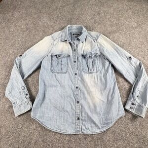 Express Shirt Women M Blue Chambray Roll Tab Classic Streetwear Western Layering